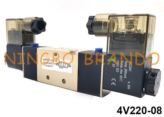 4V220-08 5/2 Way Airtac ประเภทนิวเมติกวาล์วโซลินอยด์คู่ 24V 110V 220V